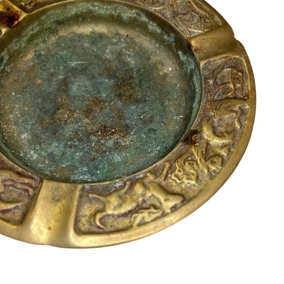 Vintage Brass Ashtray Phoenix Birds 5" Unusual Serpent Animals Deer Korea - Picture 3 of 8